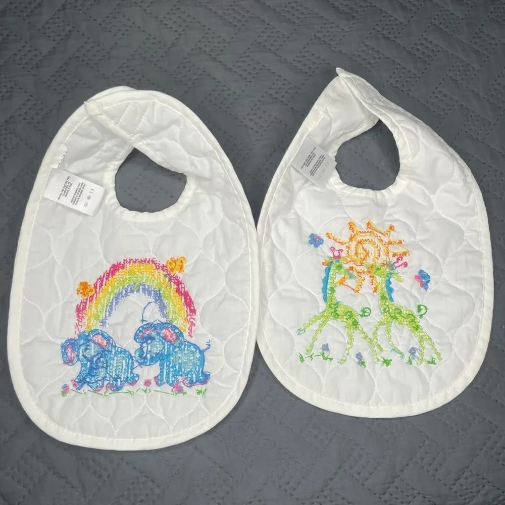 White Baby Bib Set with Embroidered Elephants and Giraffes